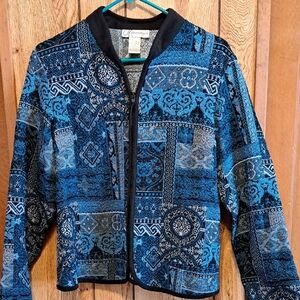 Dressbarn Size L Blue/Black Zippered Patterned Blazer With Mandarin Collar